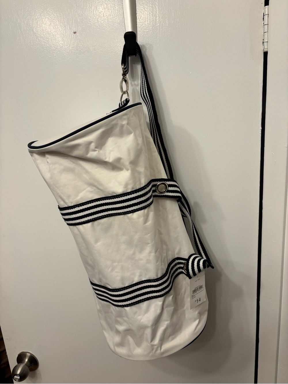 Joe Fresh White Canvas Travel Shoulder Bag with Black Stripes